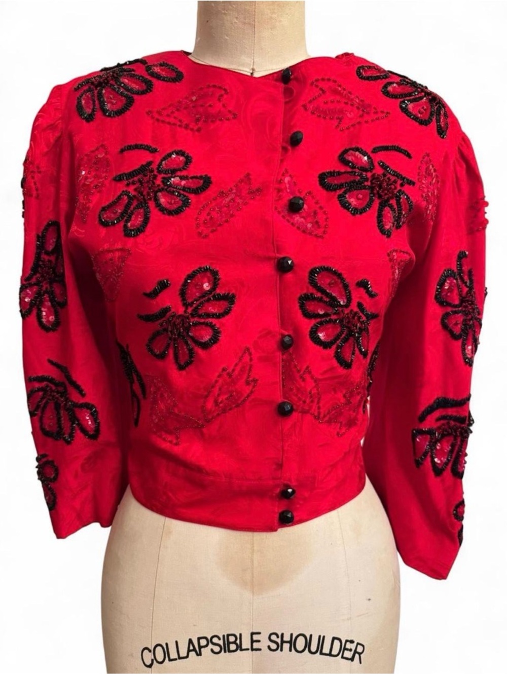 Vintage Red silk puff sleeve Beaded sequin Button down floral bolero jacket coat